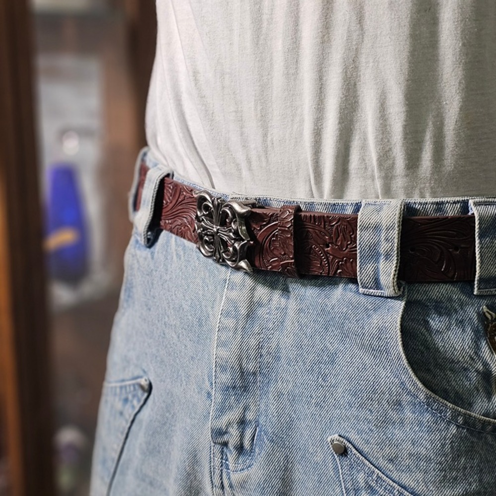 Ornate Cross Buckle Tooled Leather Belt Brown Western Gothic 45 in Like New